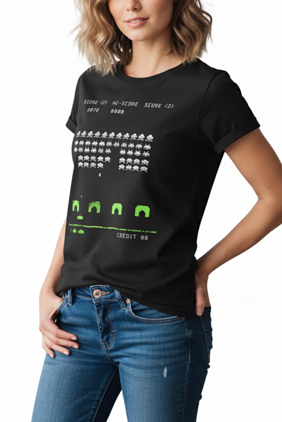 Makaya Space Invaders T-Shirt Donna Cotone Nera M