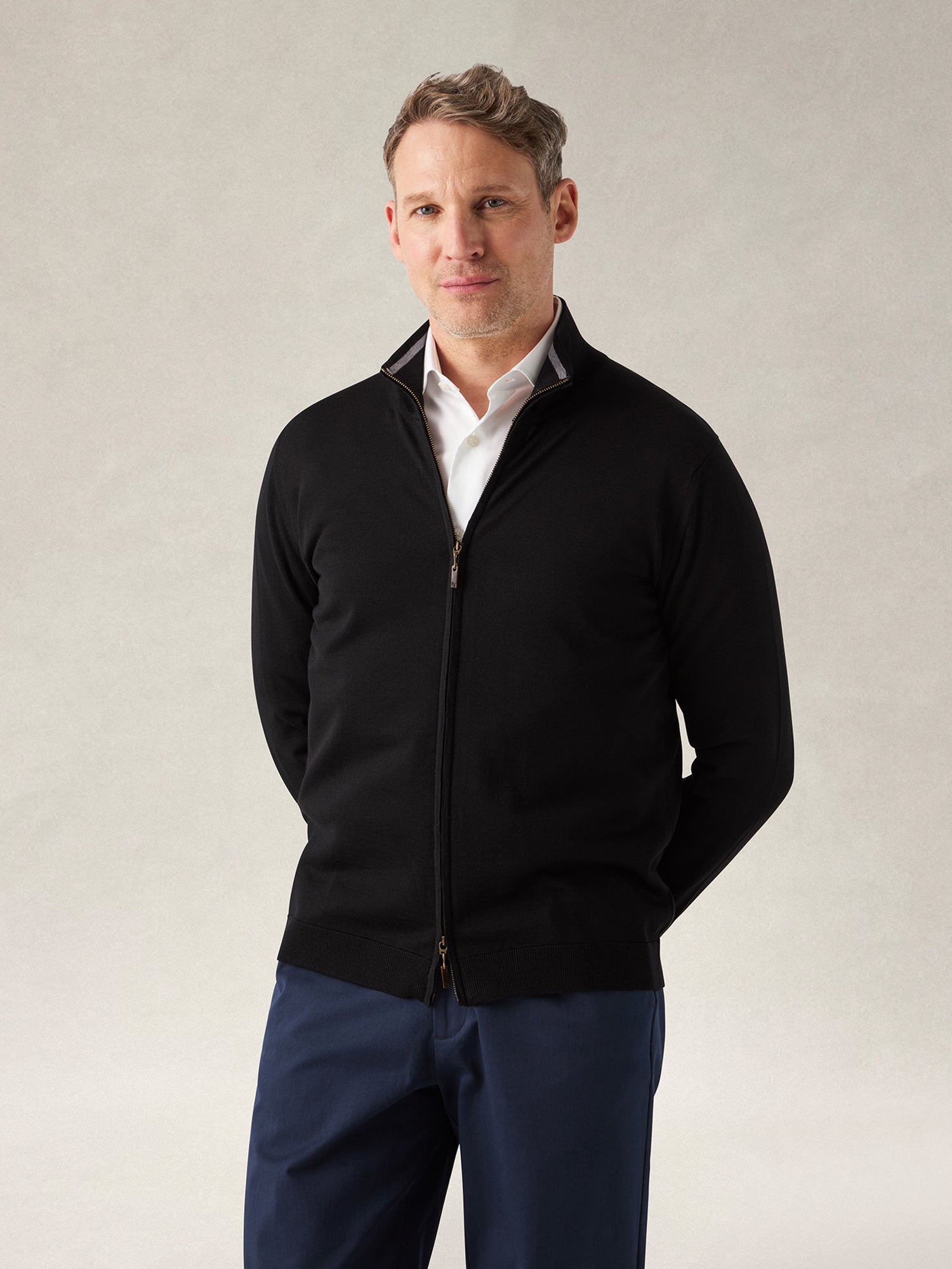 Robert Talbott Dalton Full Zip maglione merino nero con zip