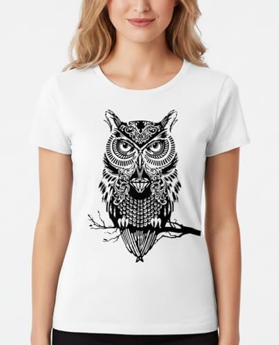 MAKAYA T-Shirt Donna Gufo Maglietta Cotone Bianca S