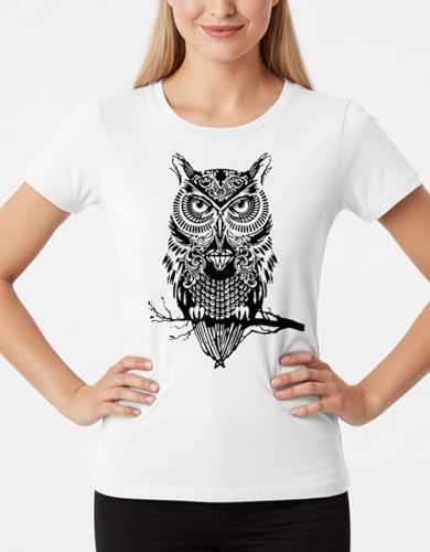 MAKAYA T-Shirt Donna Gufo Maglietta Cotone Bianca S