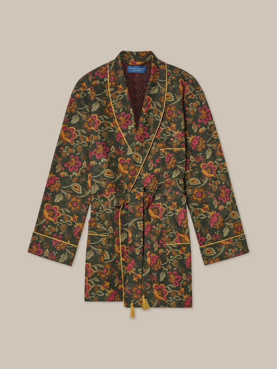Robert Talbott Hefner smoking jacket seta verde oliva