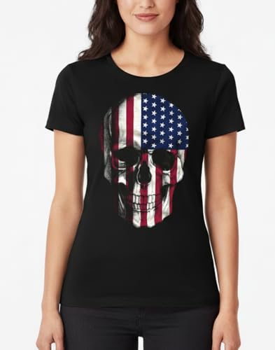 MAKAYA Skull T-Shirt Donna Bandiera USA S Cotone