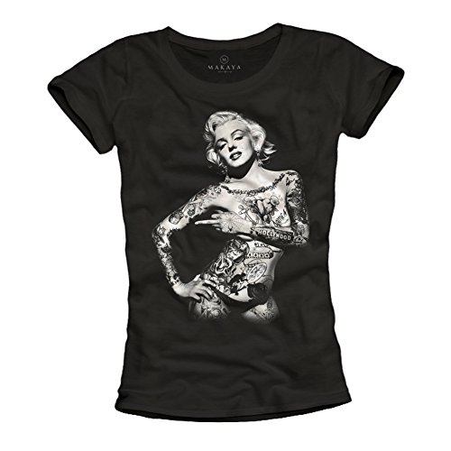 MAKAYA Rock Tattoo Maglietta Donna Cotone Nera Taglia M