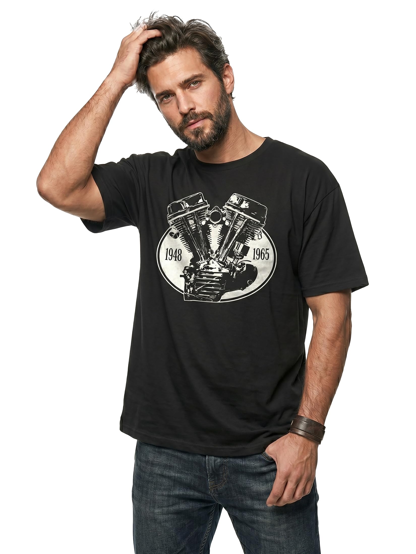 MAKAYA Panhead T-Shirt Uomo Cotone Nero Moto Biker