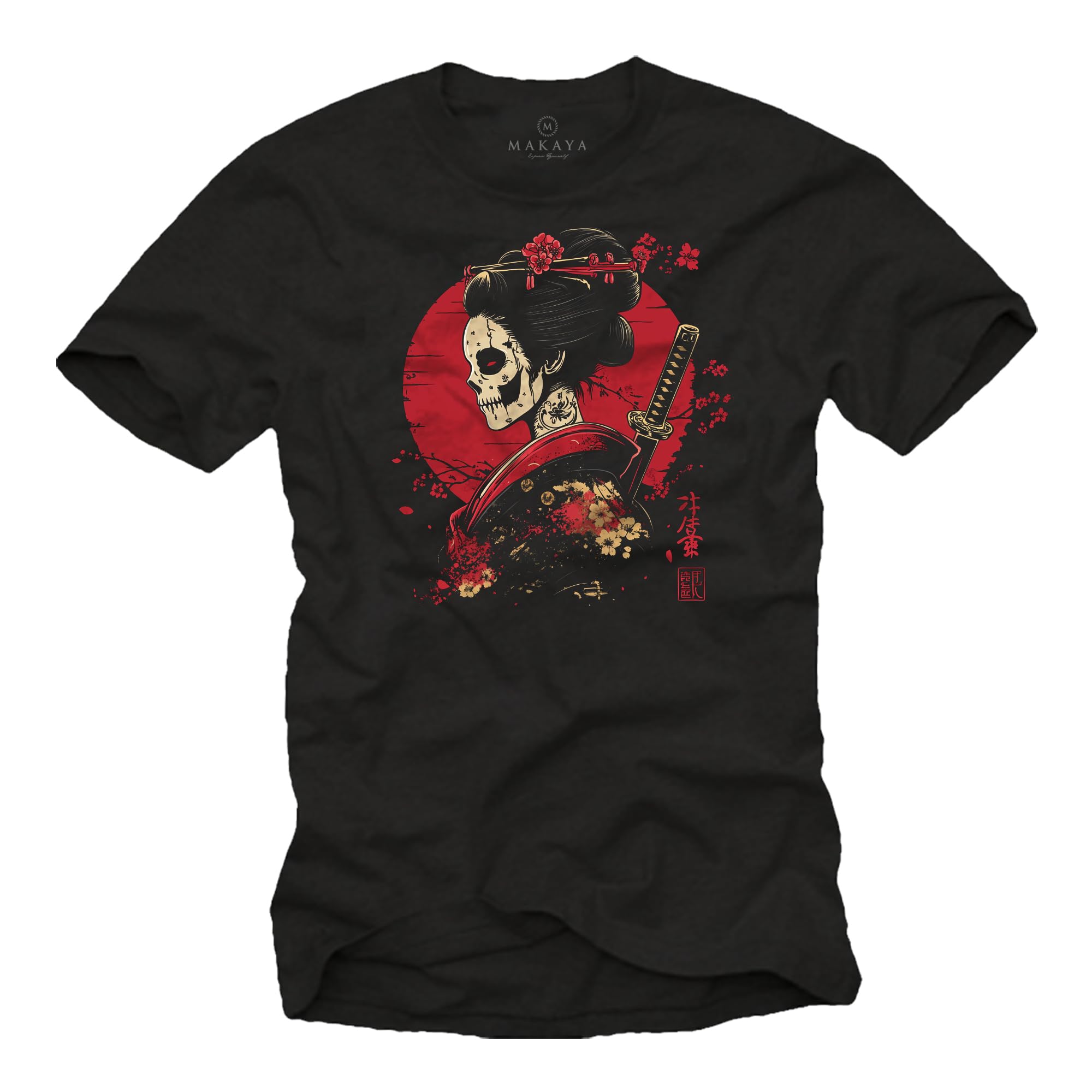 MAKAYA T-Shirt Uomo Kanji Samurai Guerriero maglietta XXL cotone