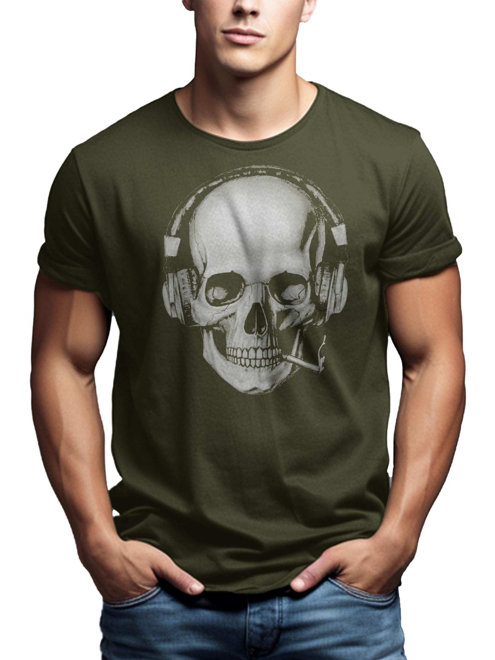 MAKAYA Teschio Auricolare T-Shirt Uomo Cotone DJ Musica