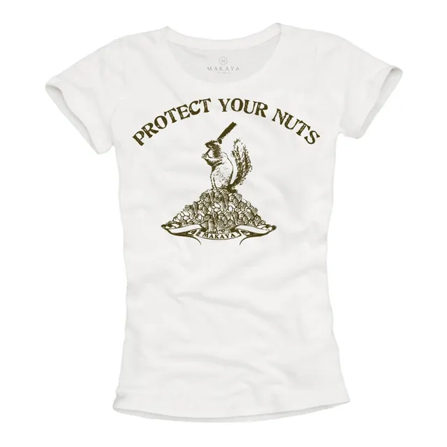 MAKAYA Protect Your Nuts T-Shirt Donna Bianca Cotone Taglia L