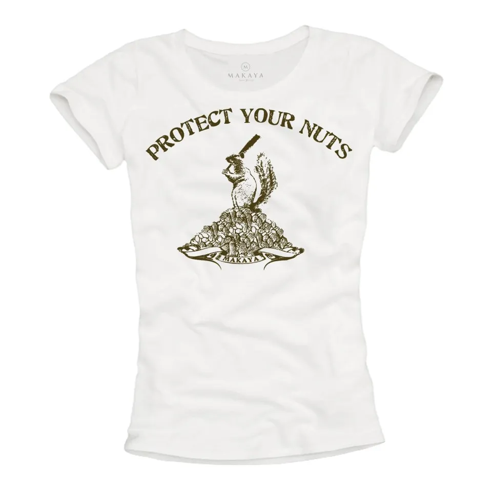 MAKAYA Protect Your Nuts T-Shirt Donna Bianca Cotone Taglia L