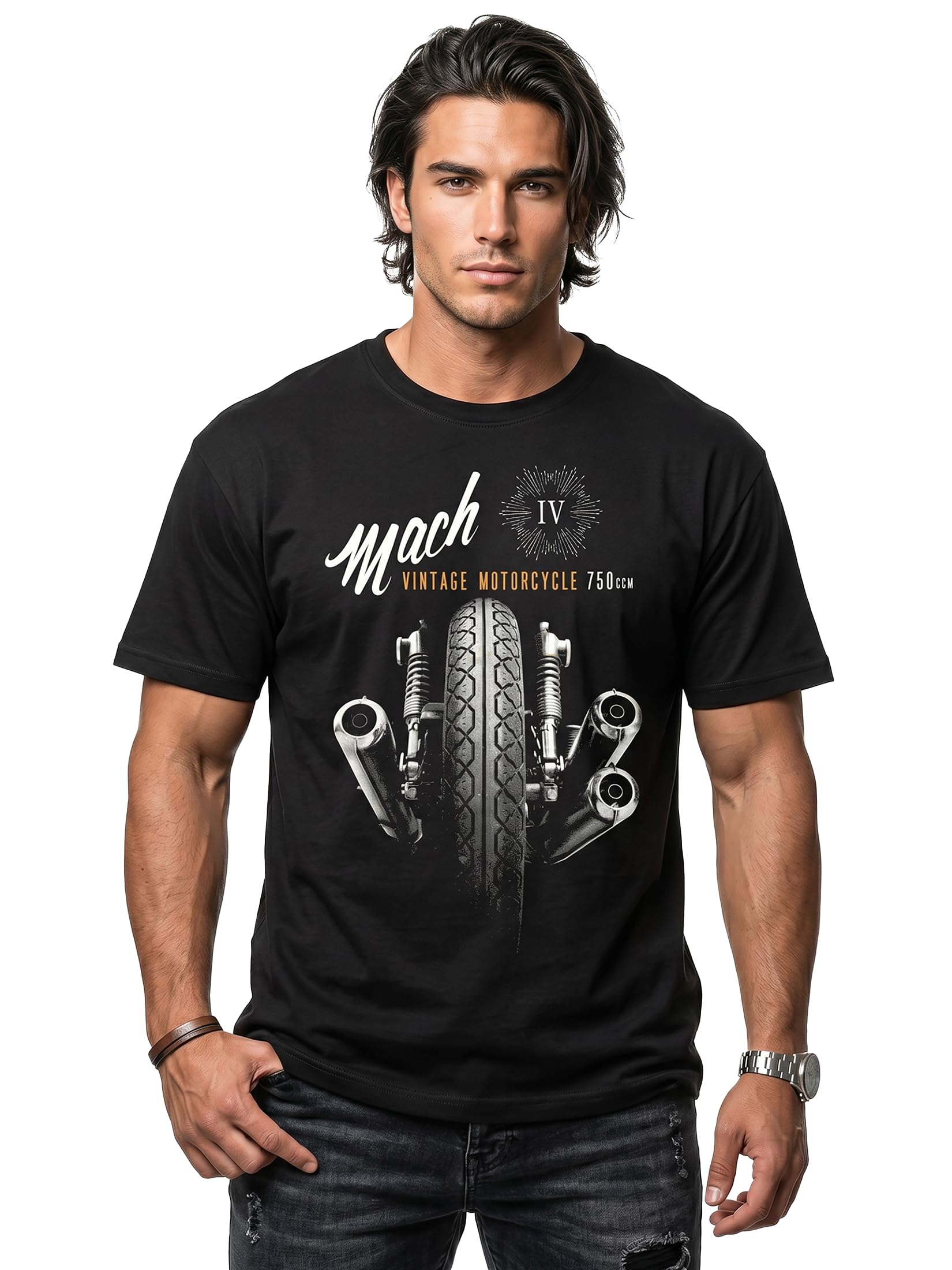 Makaya T-Shirt Uomo Moto Vintage Mach 4 Maglietta Cotone Nero