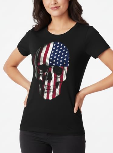 MAKAYA Skull T-Shirt Donna Bandiera USA S Cotone
