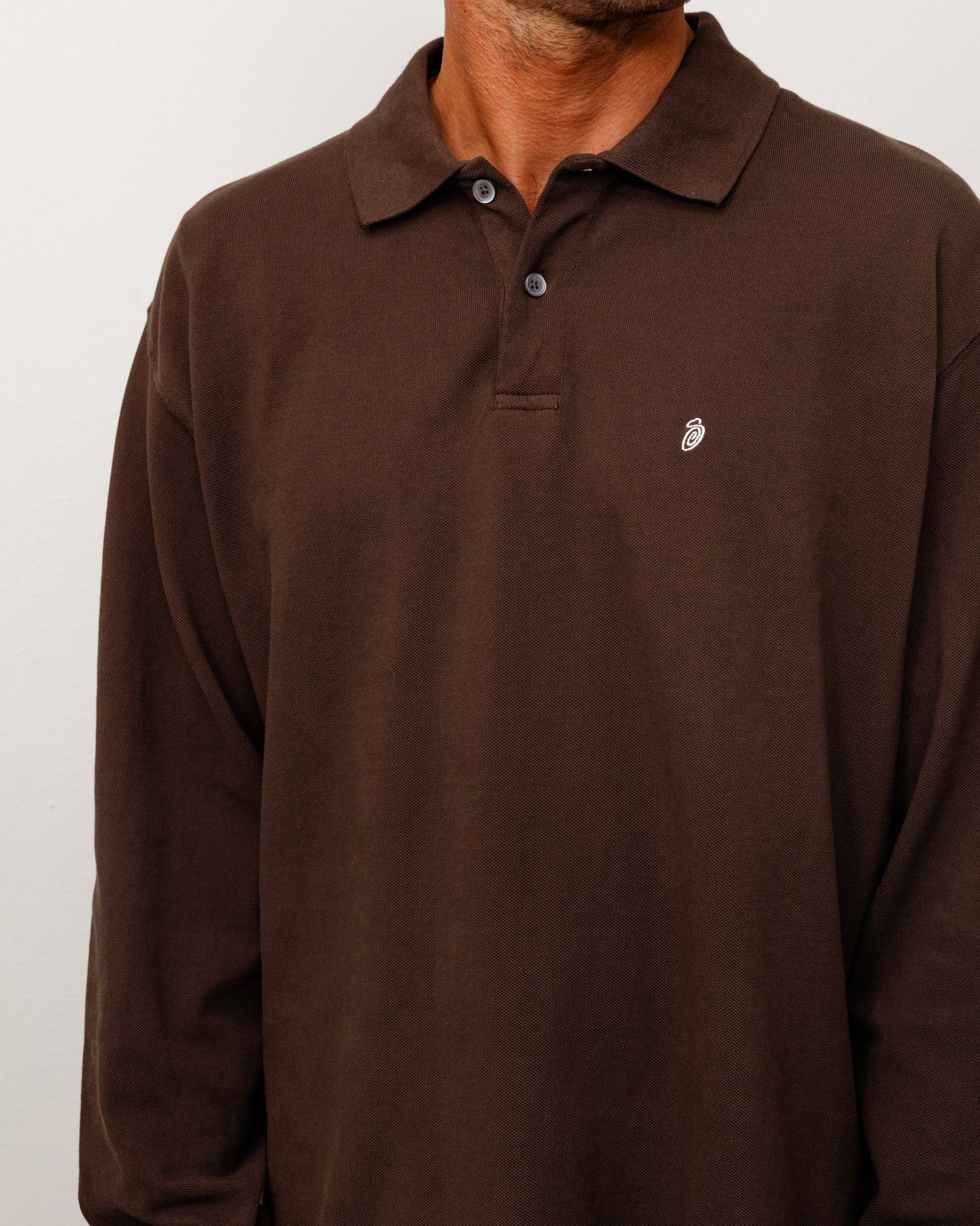 Stussy Classic Pique LS Polo manica lunga marrone cotone