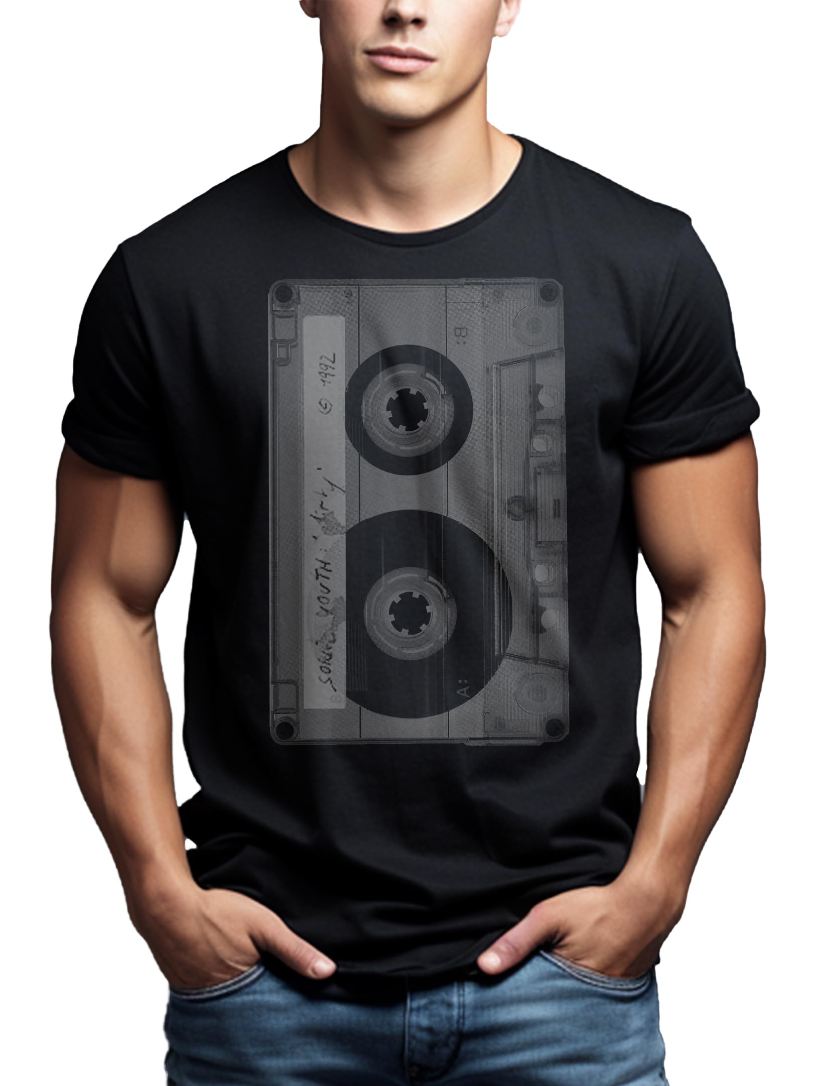 MAKAYA T-Shirt Uomo Cassetta maglietta nera cotone