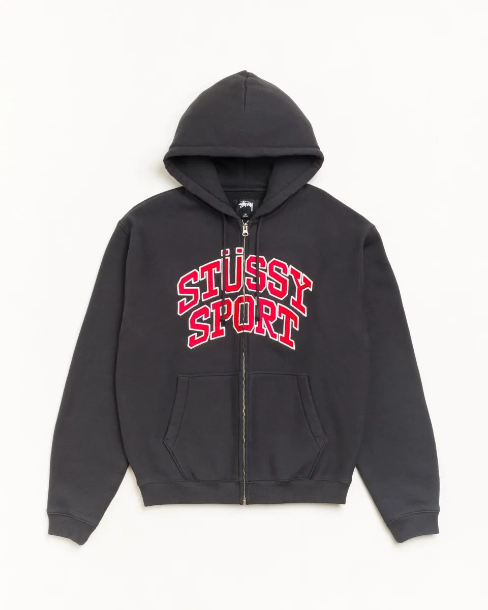 Stussy Sport Zip Hoodie felpa zip nero slavato 535 gsm