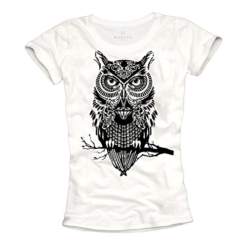MAKAYA T-Shirt Donna Gufo Maglietta Cotone Bianca S