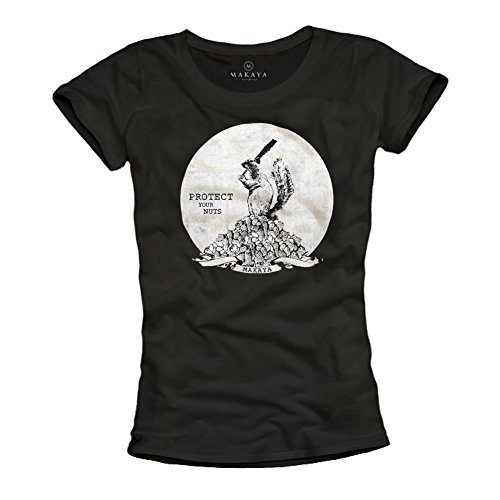 MAKAYA Protect Your Nuts T-Shirt Donna Cotone Stampa Divertente L