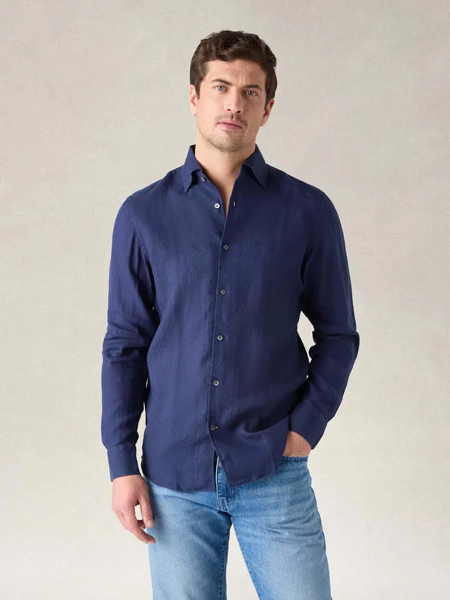 Robert Talbott Morgan camicia lino navy piece dye S-3XL