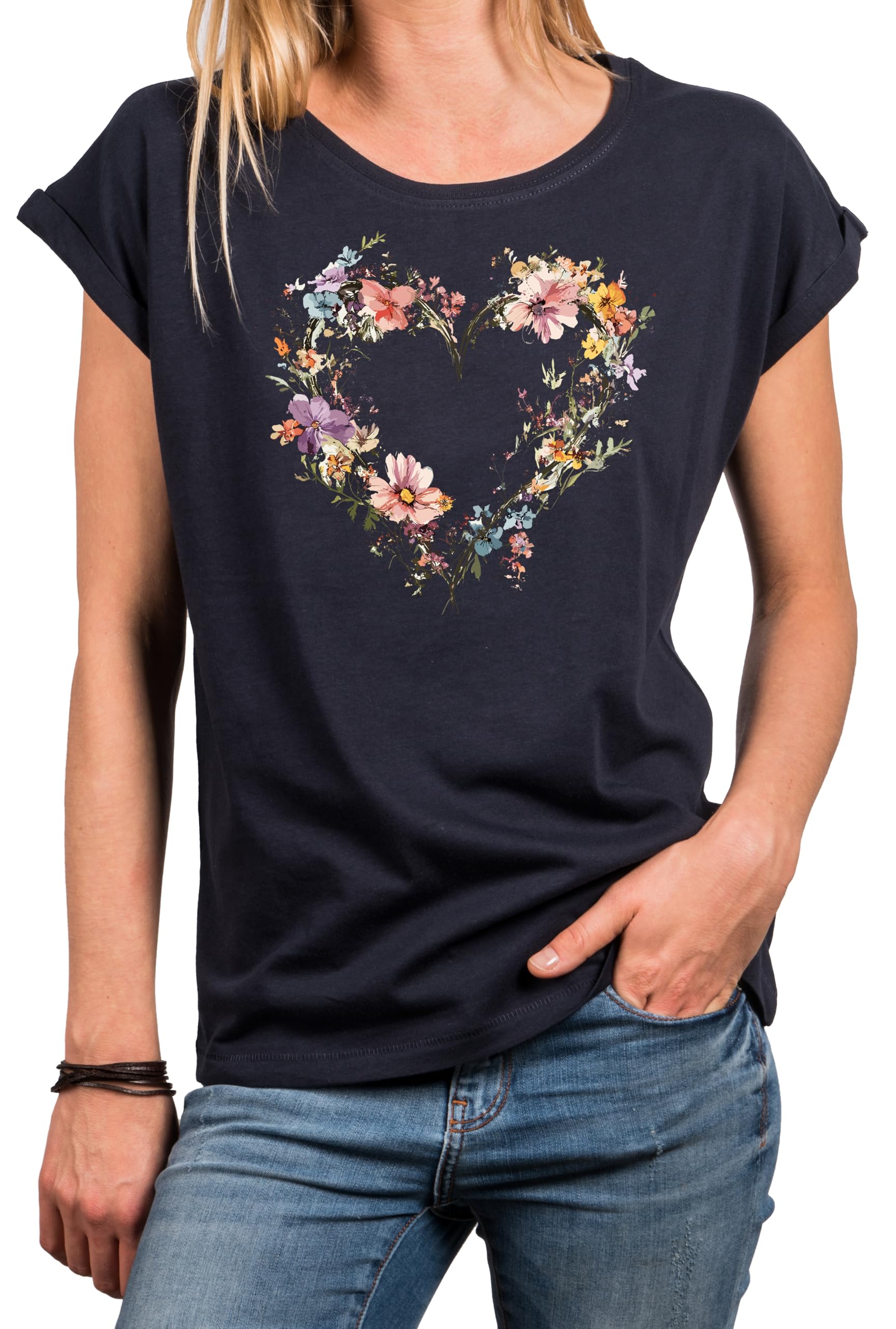 MAKAYA Cuore Floreale t-shirt donna cotone manica corta