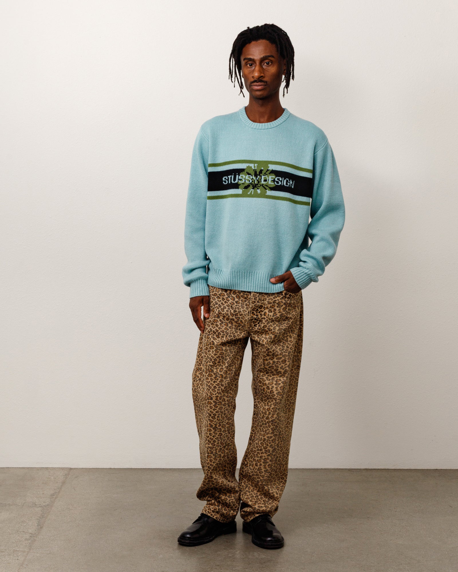 Stussy Striped Hibiscus Sweater maglione Dusty Blue jacquard