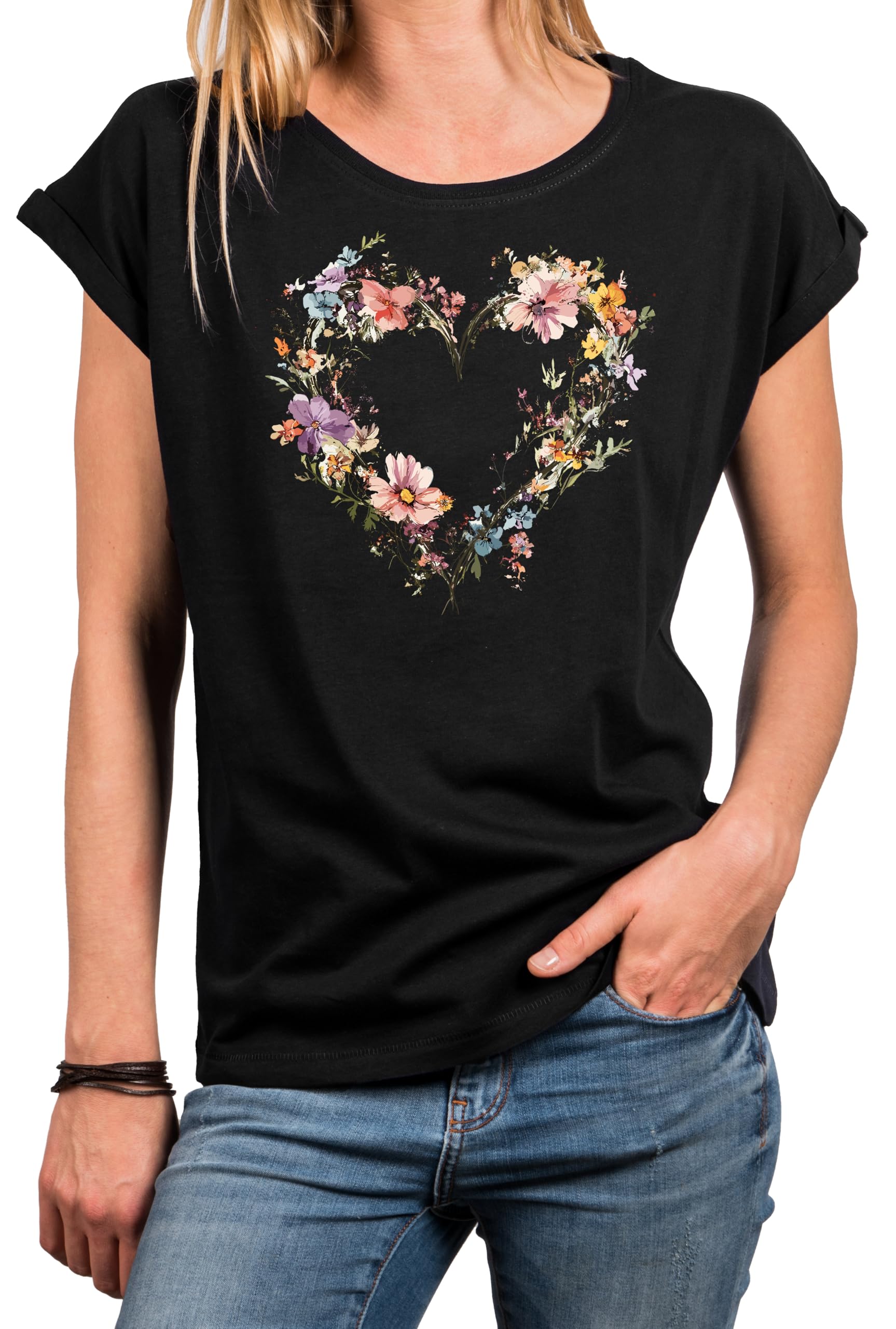 MAKAYA Cuore Floreale t-shirt donna cotone manica corta