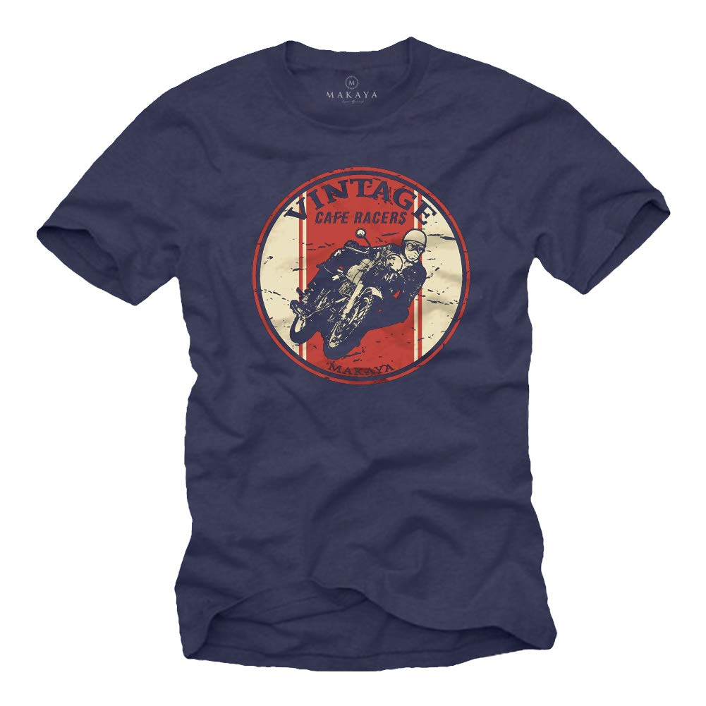 MAKAYA Cafe Racer Maglietta Uomo Cotone Vintage Moto Nero