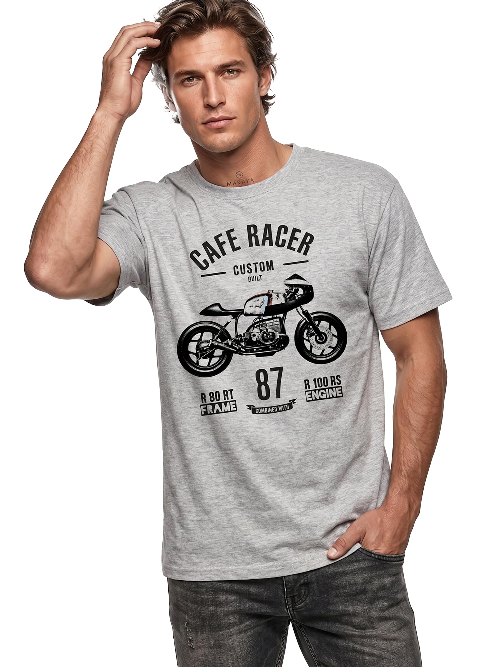 Makaya Cafe Racer GP T-Shirt Uomo Cotone Moto Vintage