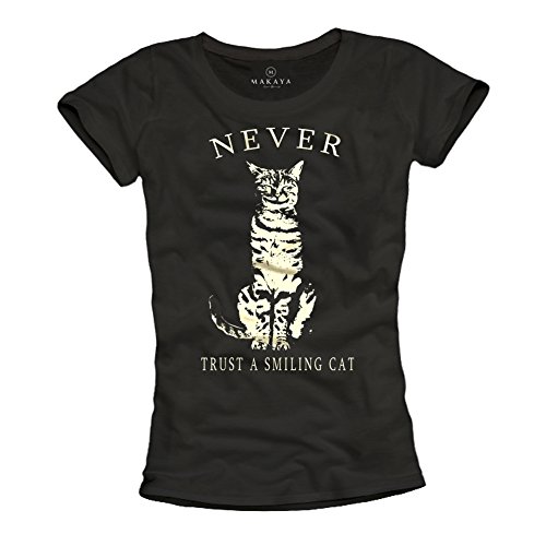Makaya Never Trust A Smiling Cat T-Shirt Nera S Cotone
