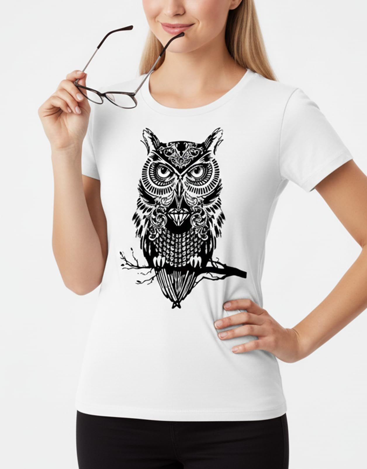 MAKAYA T-Shirt Donna Gufo Maglietta Cotone Bianca S