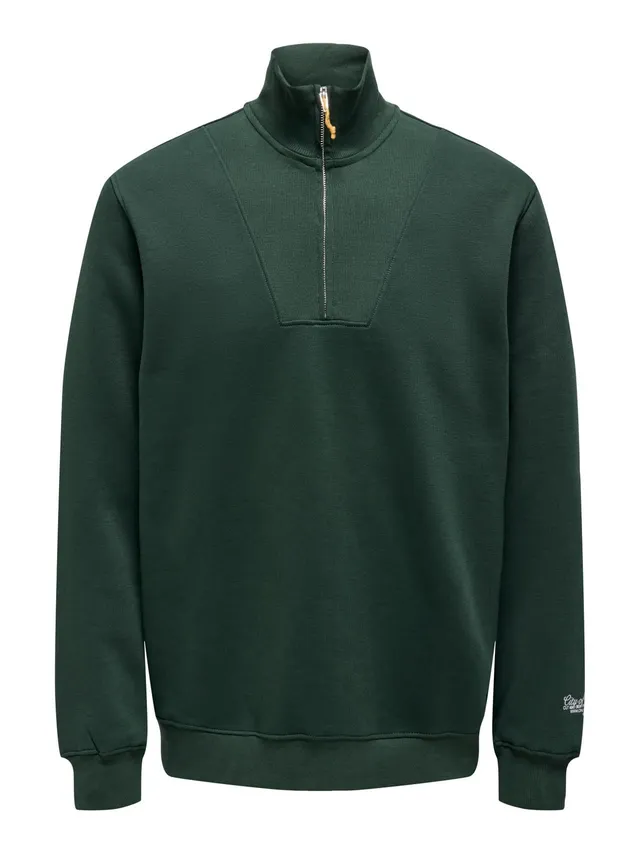 Only & Sons Pullover Uomo Zip Collo Alto Verde-4 Basic