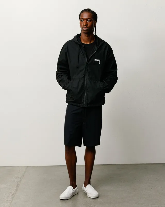 Stussy Outerwear Beach Shell giacca nera cotone cerato zip YKK