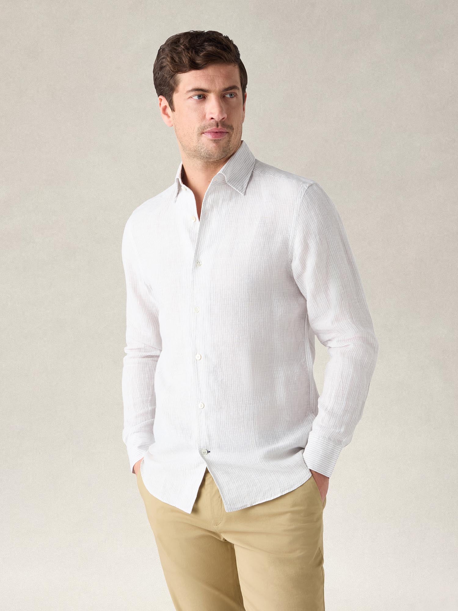 Robert Talbott Morgan Medium Stripe camicia lino grigia riga media