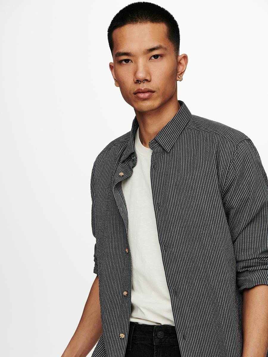 ONLY & SONS Camicia Uomo Rigata Navy Scuro L Slim Fit