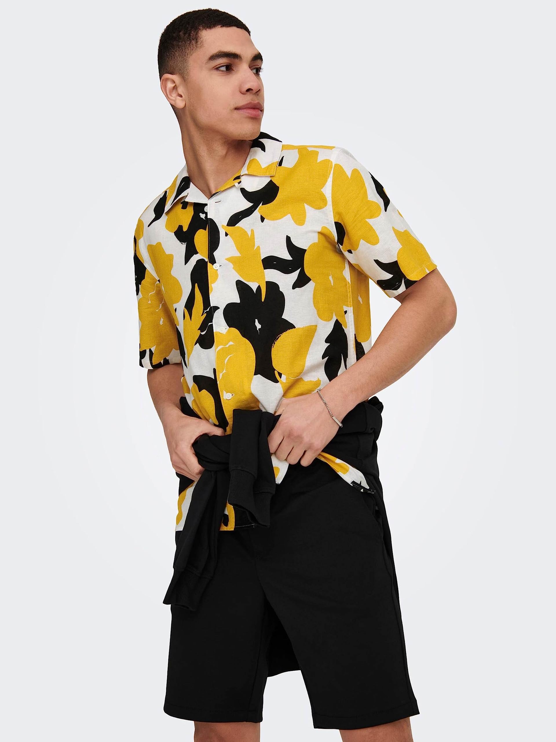 ONLY & SONS Onstrev Polo Uomo Camicia Nera Fantasia M