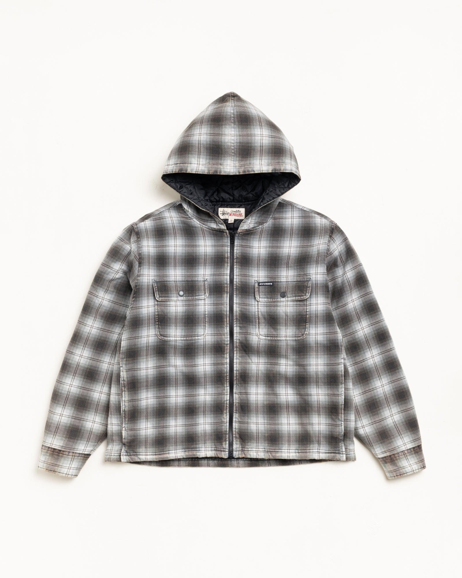 Stussy Zip Hooded Plaid Shirt Camicia Charcoal Cotone