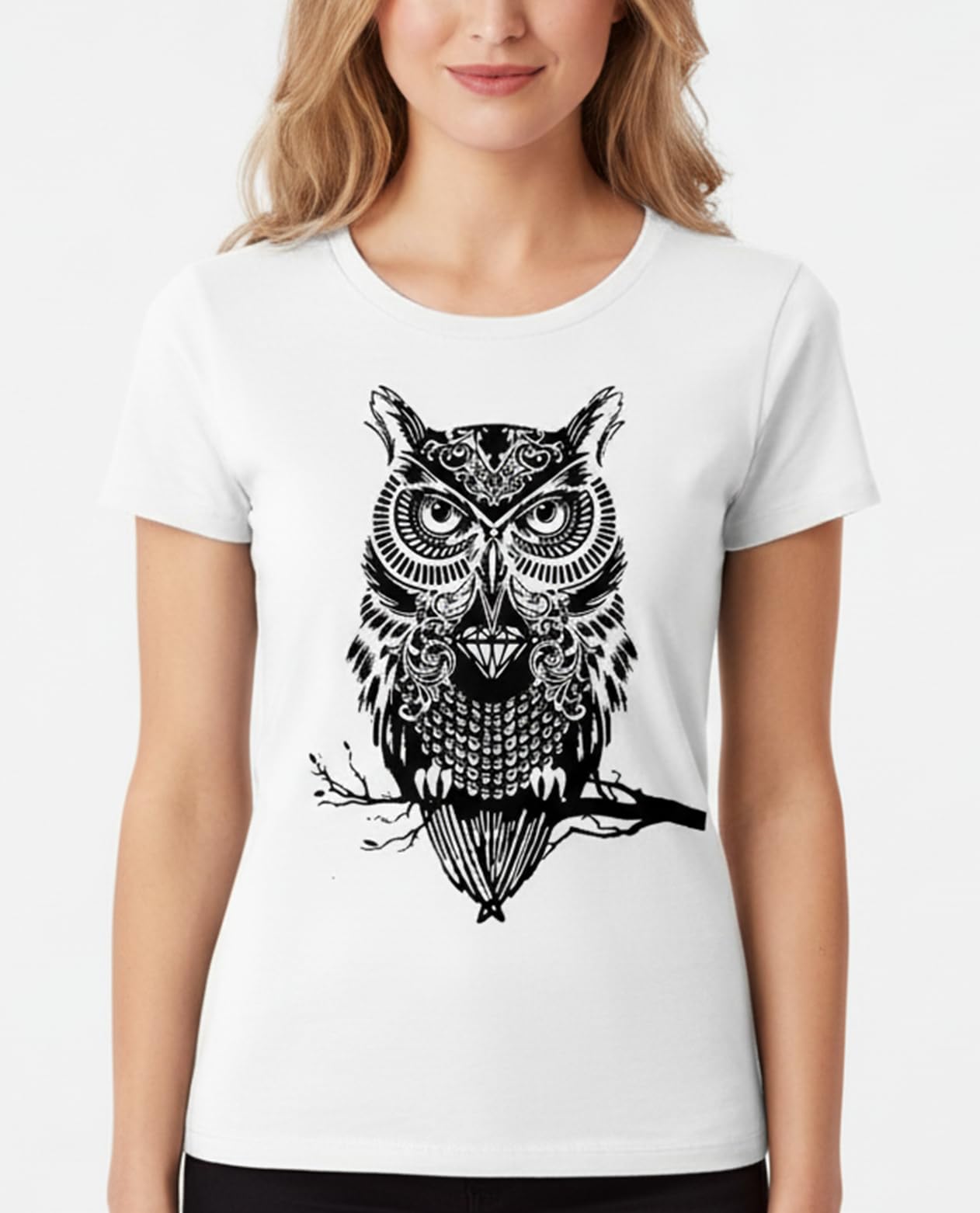 MAKAYA T-Shirt Donna Gufo Maglietta Cotone Bianca S