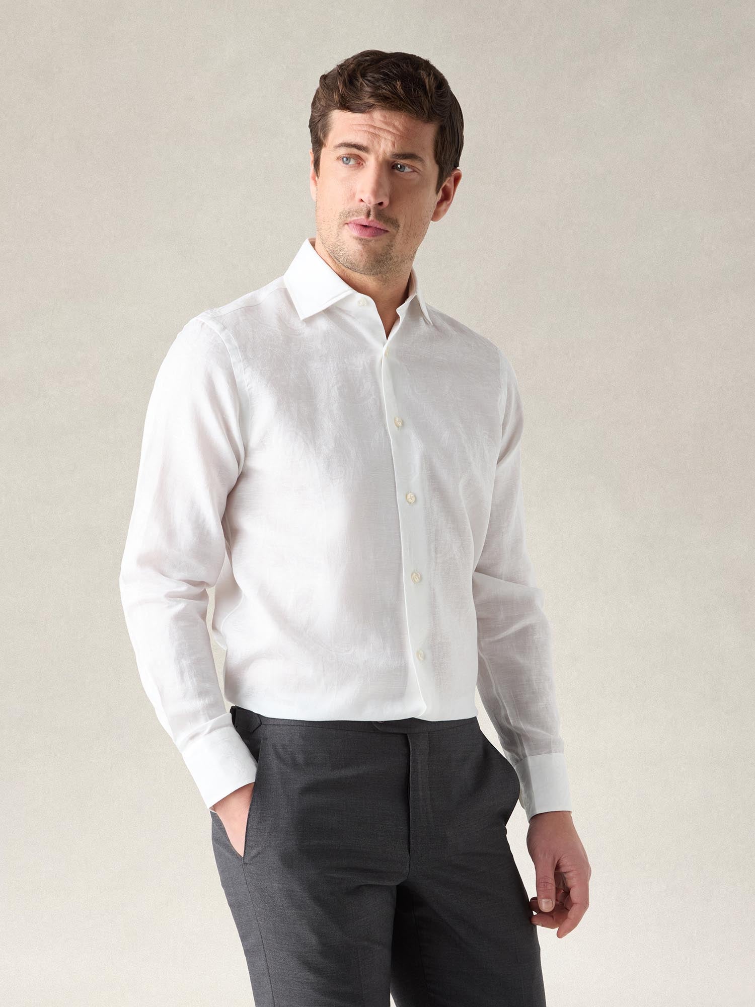 Robert Talbott Reynolds Paisley camicia uomo cotone lino bianca
