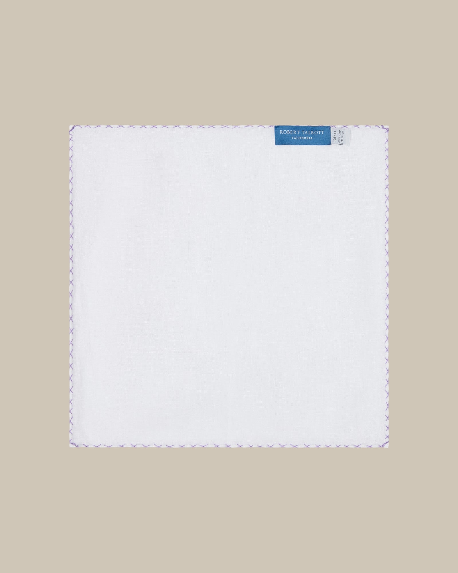 Robert Talbott Carlton Linen Cross Stitch Border pochette lino bianco lavanda