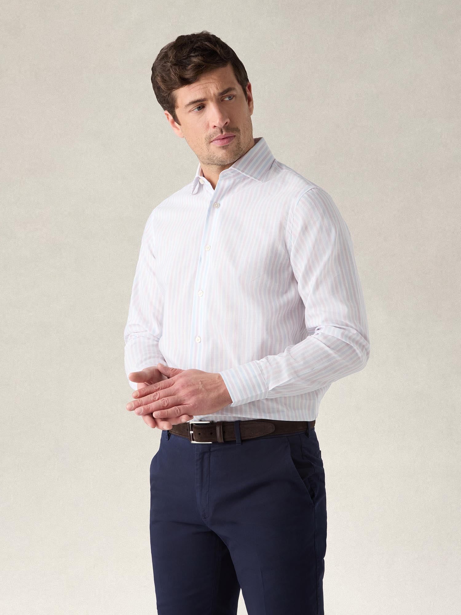 Robert Talbott Reynolds camicia lino righe lampone 16.5-L