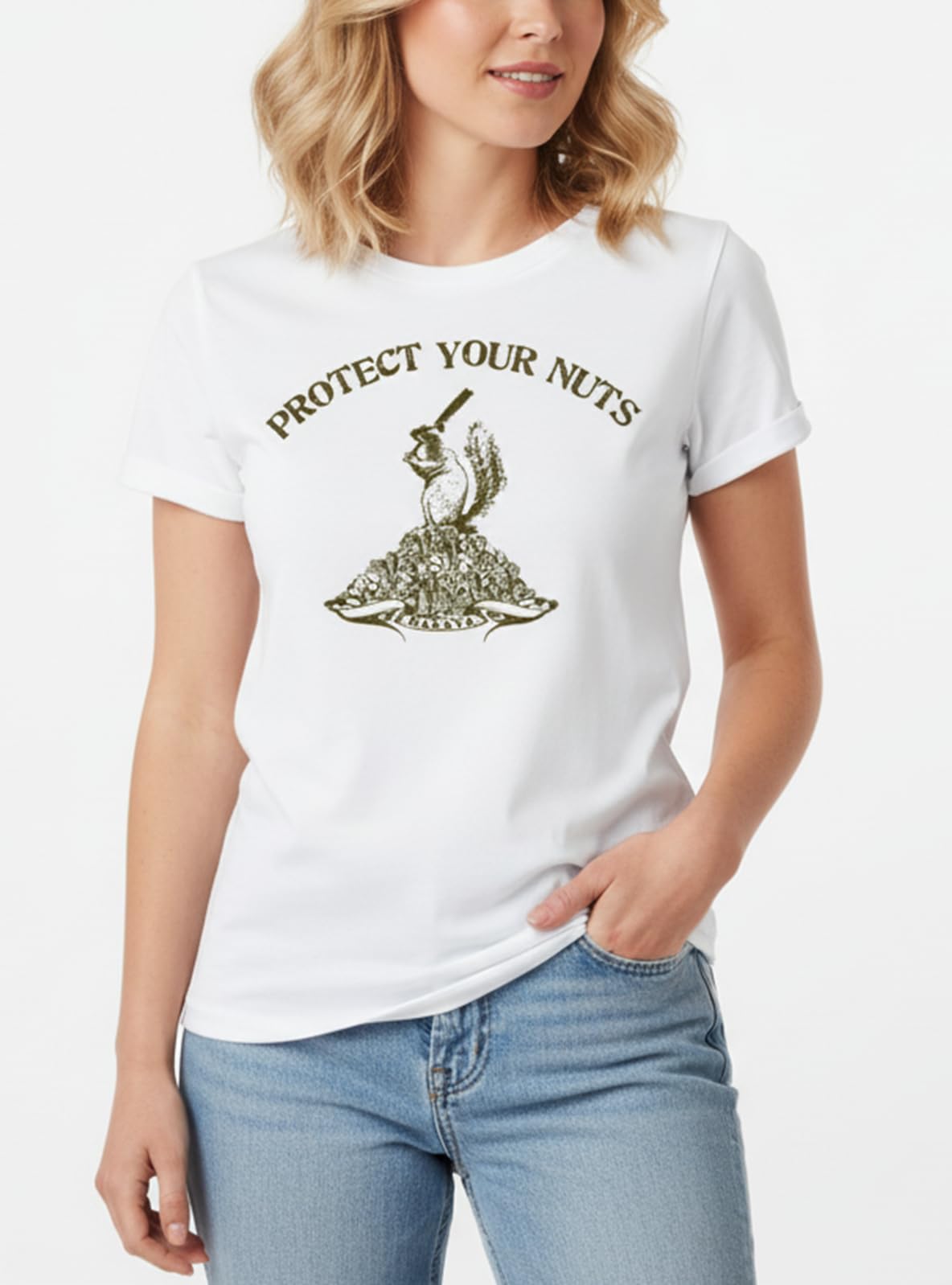 MAKAYA Protect Your Nuts T-Shirt Donna Bianca Cotone Taglia L
