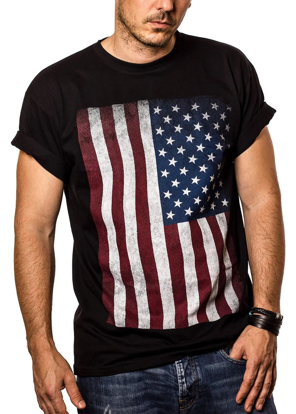 MAKAYA USA Vintage T-Shirt Uomo Bandiera Americana 100% Cotone