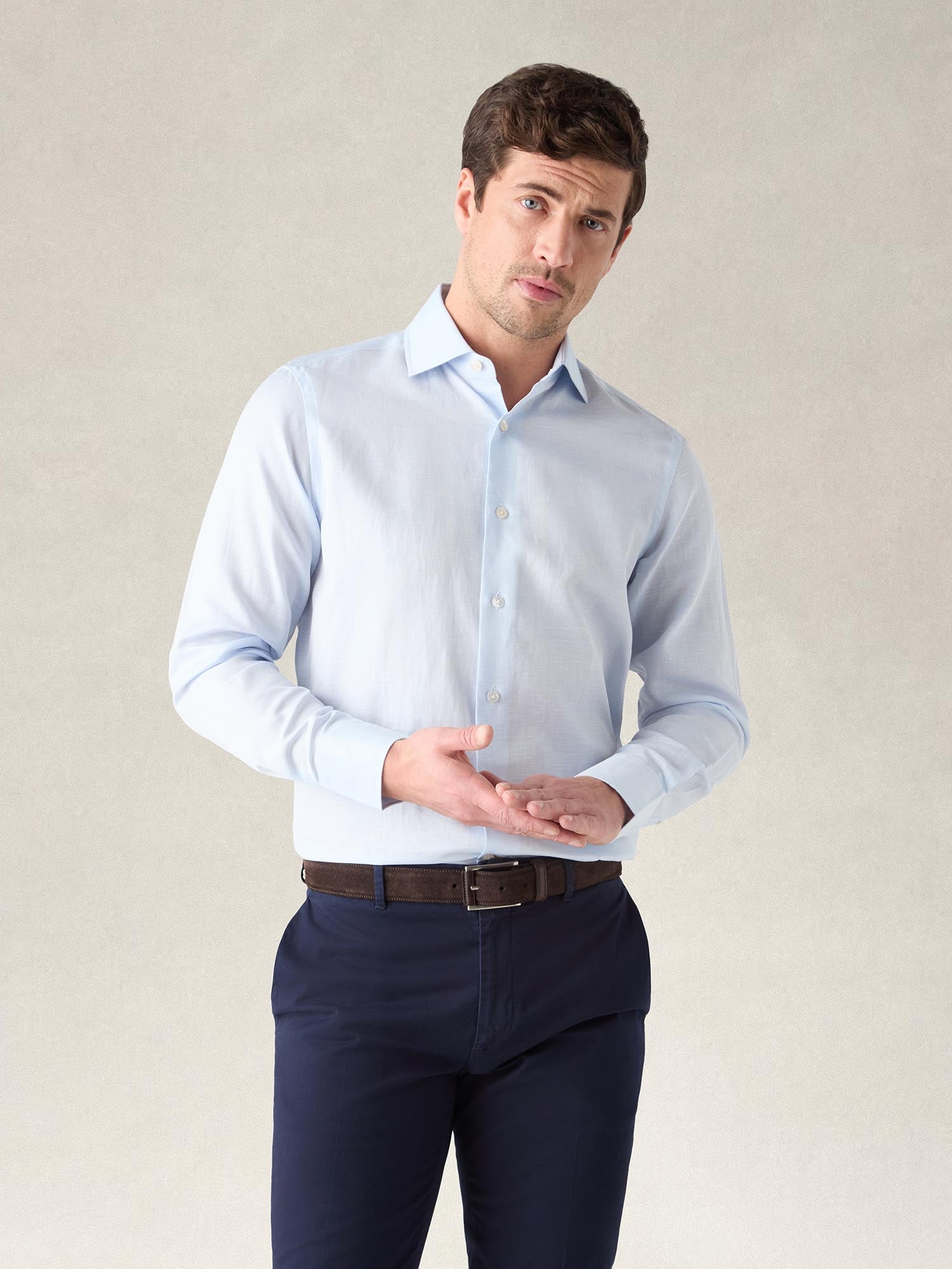 Robert Talbott Reynolds camicia lino cotone blu