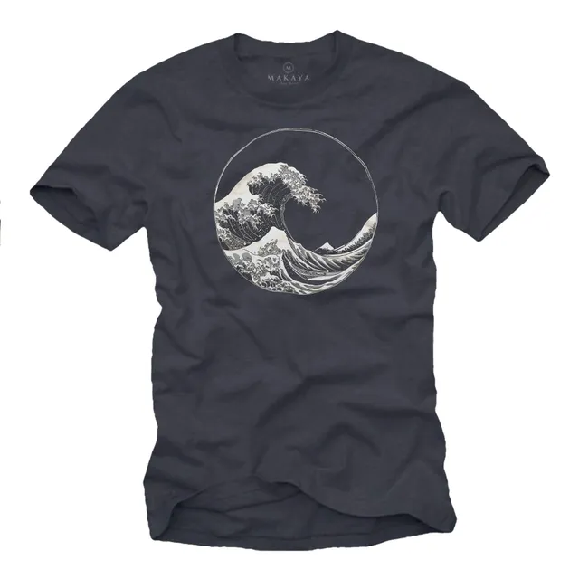 MAKAYA Onda Kanagawa T-Shirt Uomo Cotone Blu