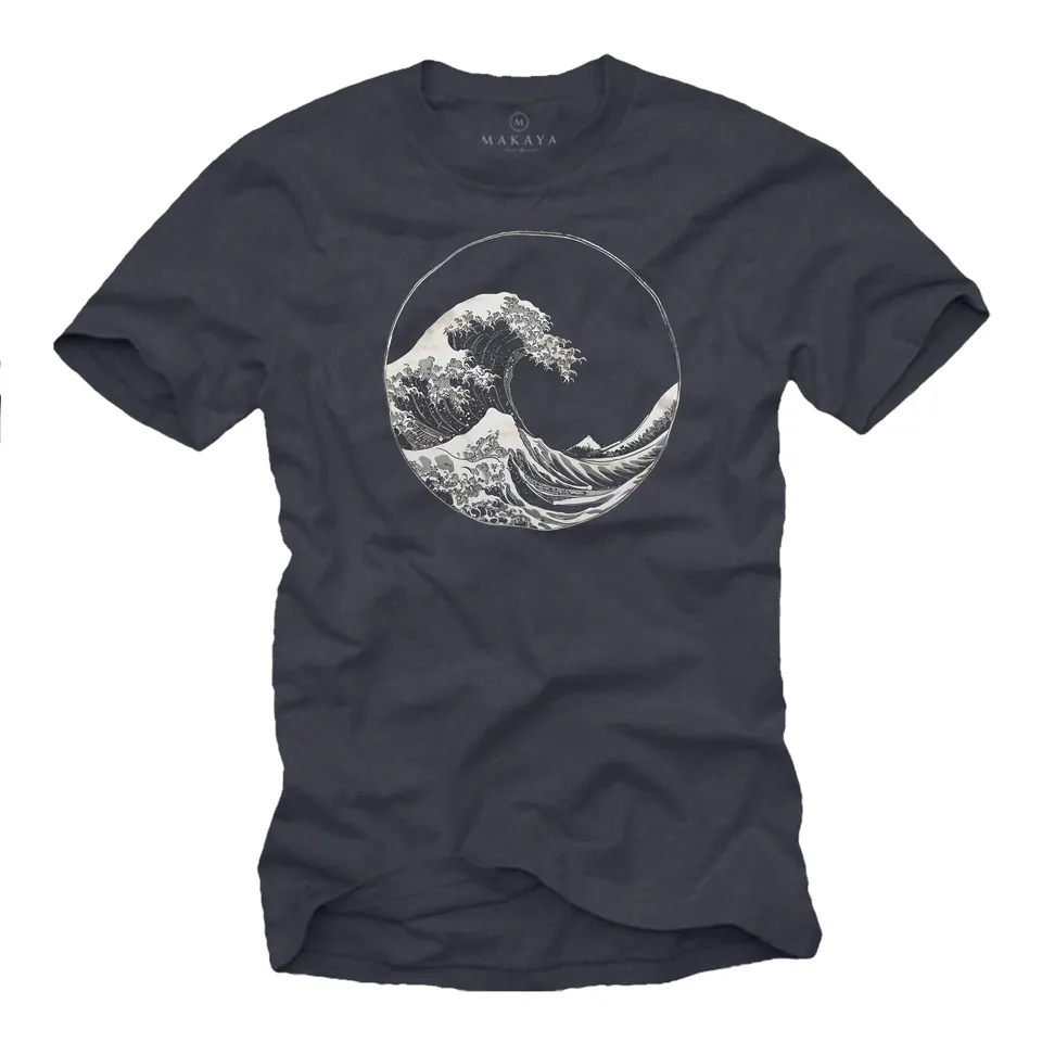 MAKAYA Onda Kanagawa T-Shirt Uomo Cotone Blu