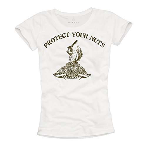 MAKAYA Protect Your Nuts T-Shirt Donna Bianca Cotone Taglia L