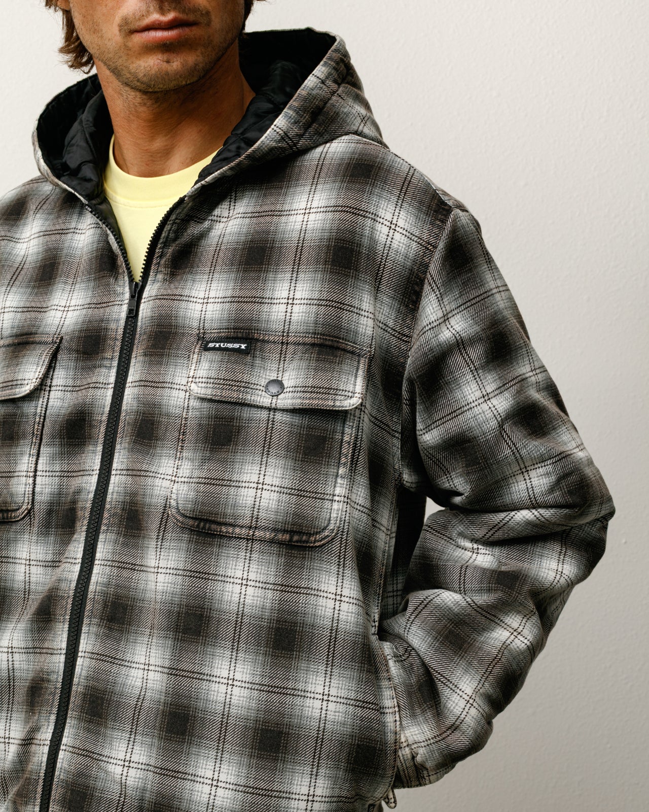 Stussy Zip Hooded Plaid Shirt Camicia Charcoal Cotone