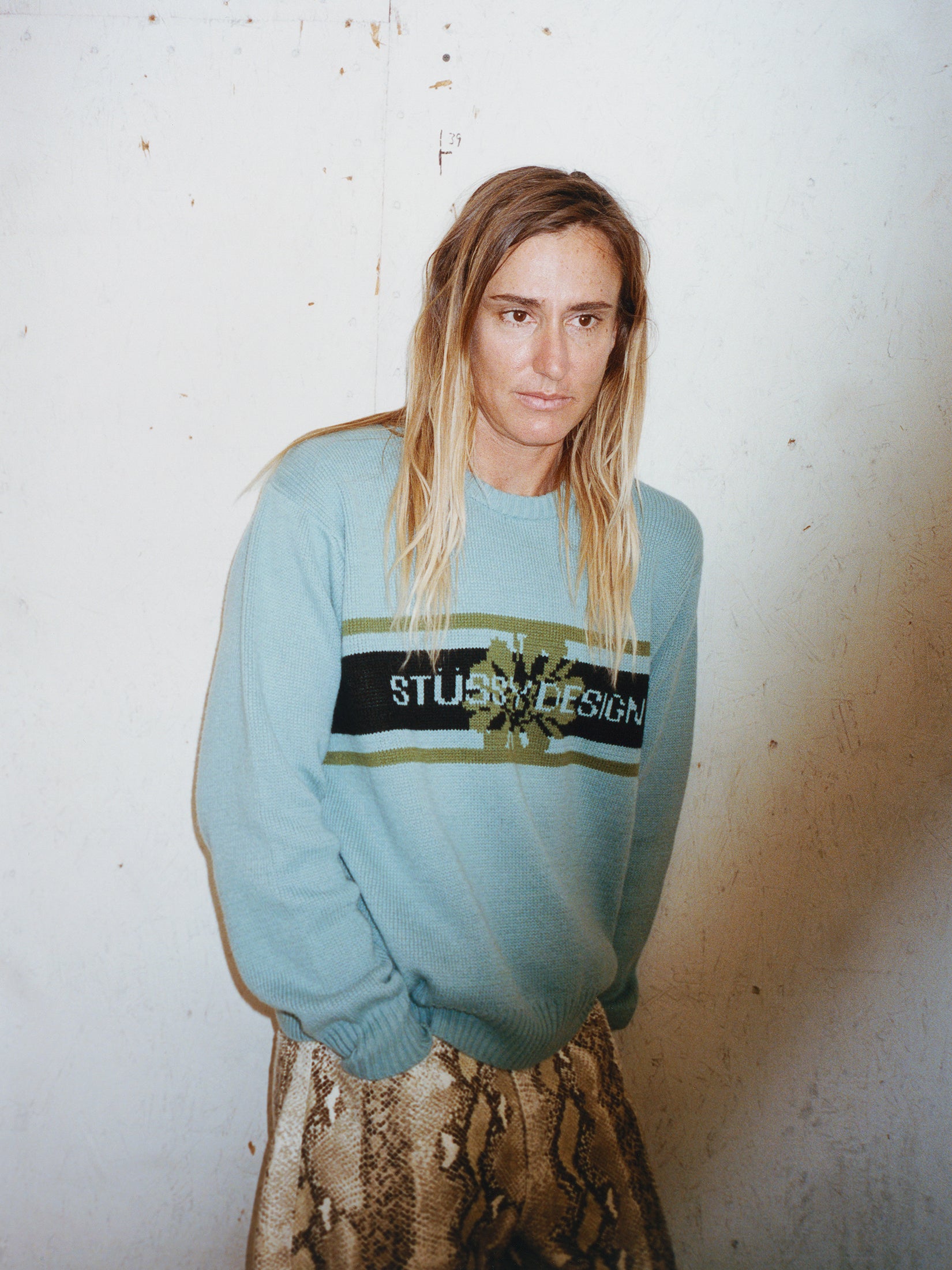 Stussy Striped Hibiscus Sweater maglione Dusty Blue jacquard