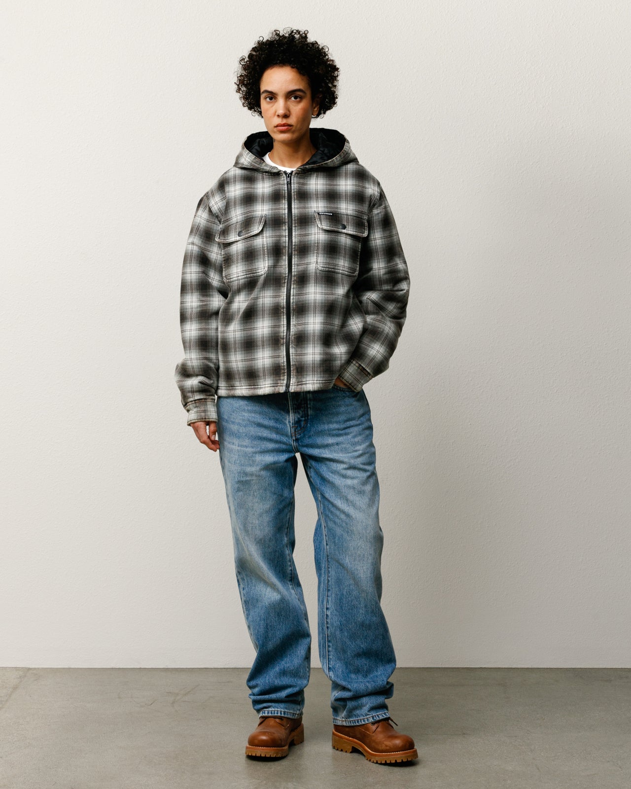 Stussy Zip Hooded Plaid Shirt Camicia Charcoal Cotone