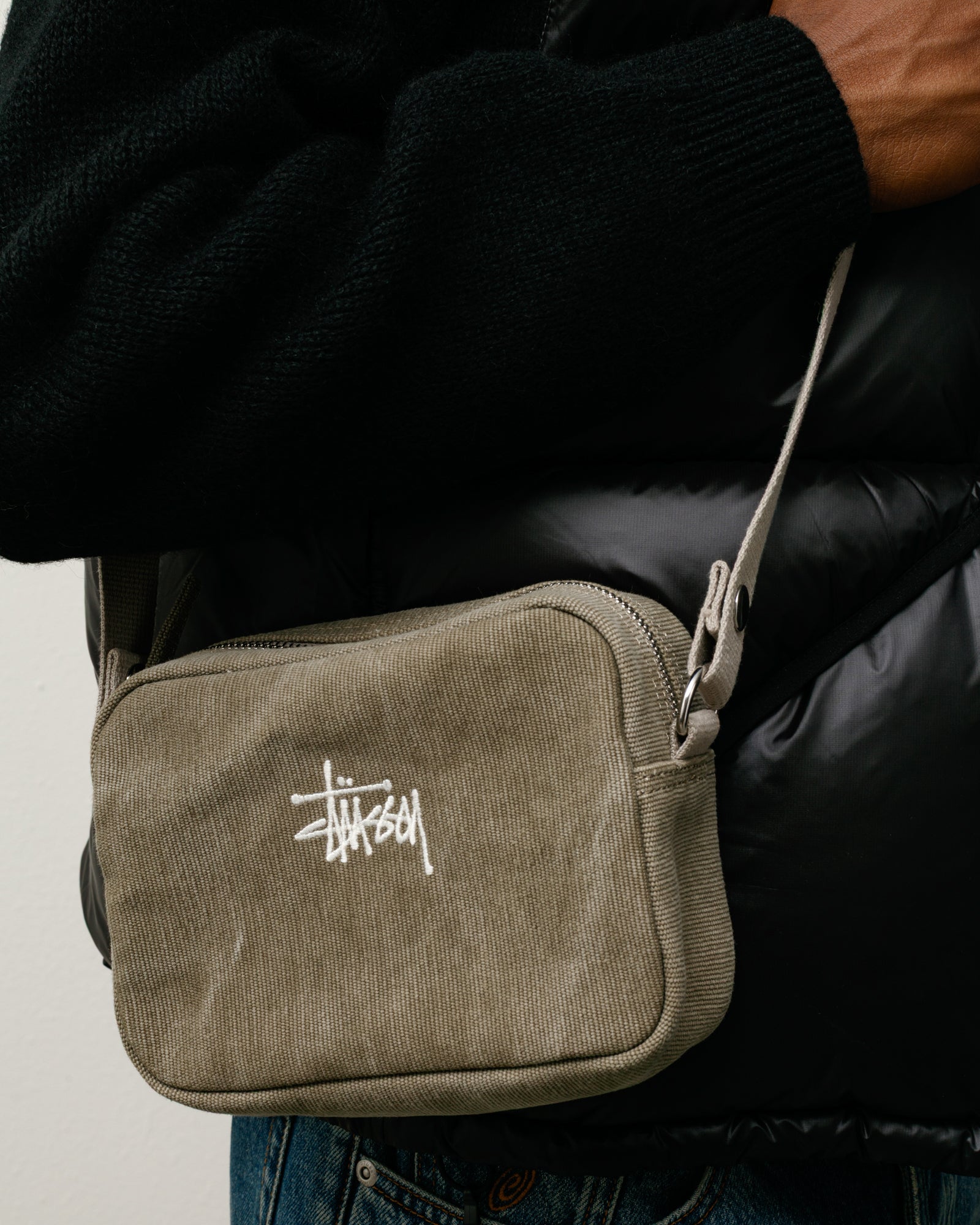 Stussy Waxed Canvas Pouch pochette stone cotone