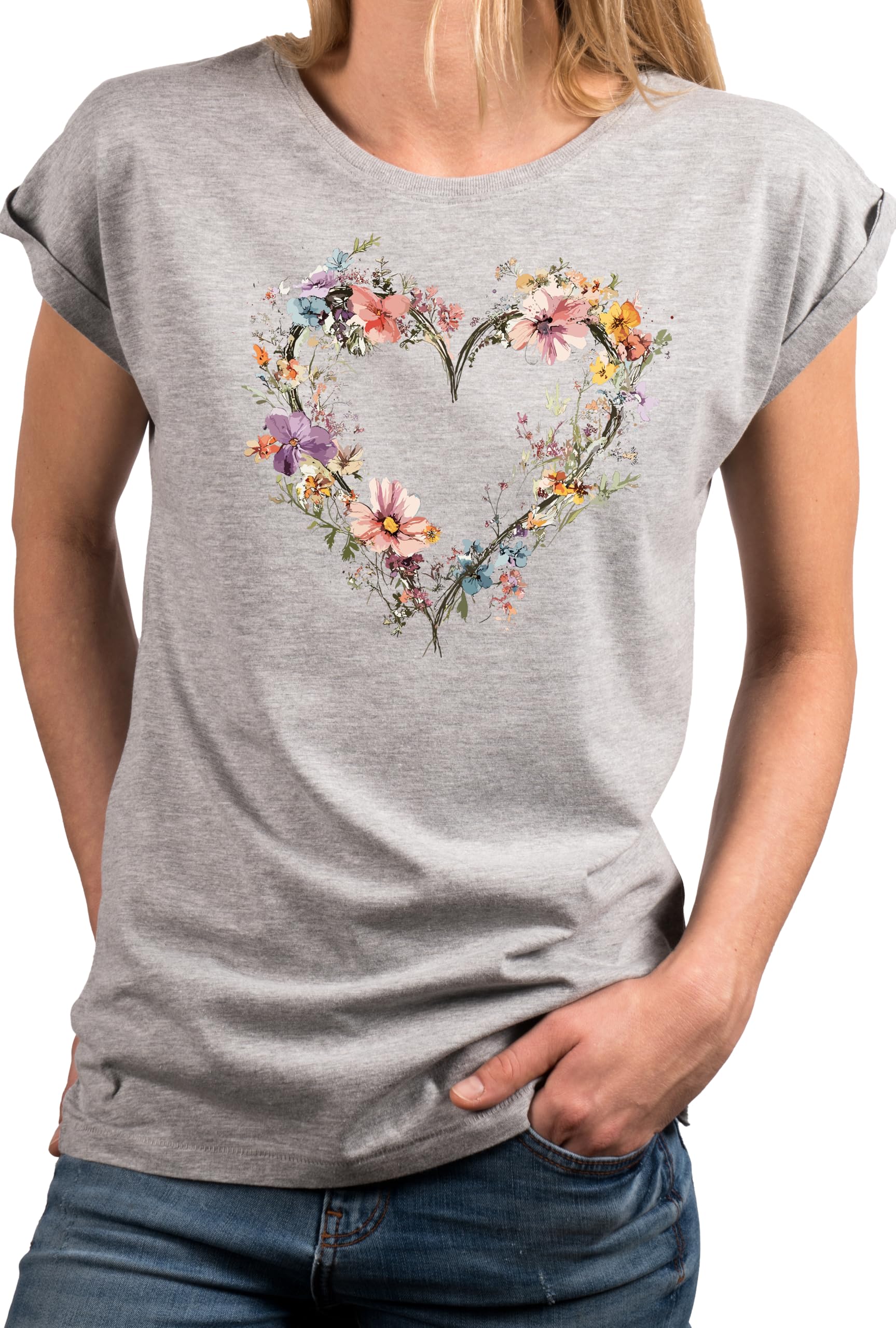 MAKAYA Cuore Floreale t-shirt donna cotone manica corta