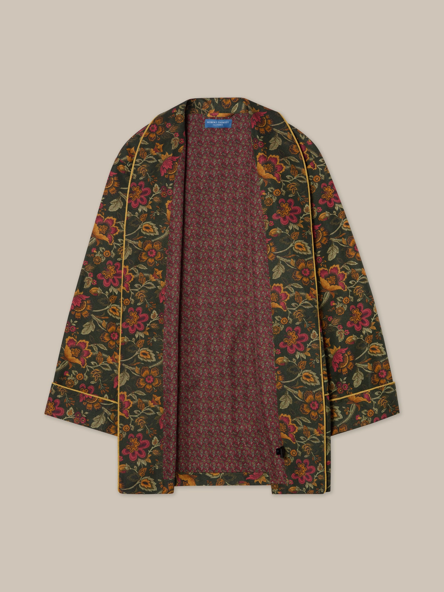 Robert Talbott Hefner smoking jacket seta verde oliva