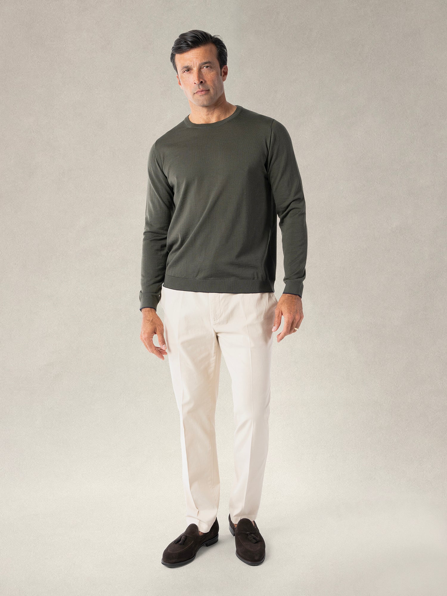 Robert Talbott Keaton Crewneck maglione merino verde oliva navy